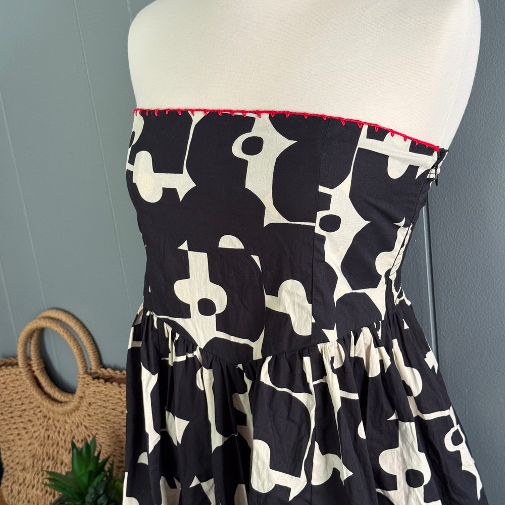 Bel Kazan Strapless Smocked Midi Dress Black Cream Geometric Abstract Boho Sz M - Picture 10 of 13